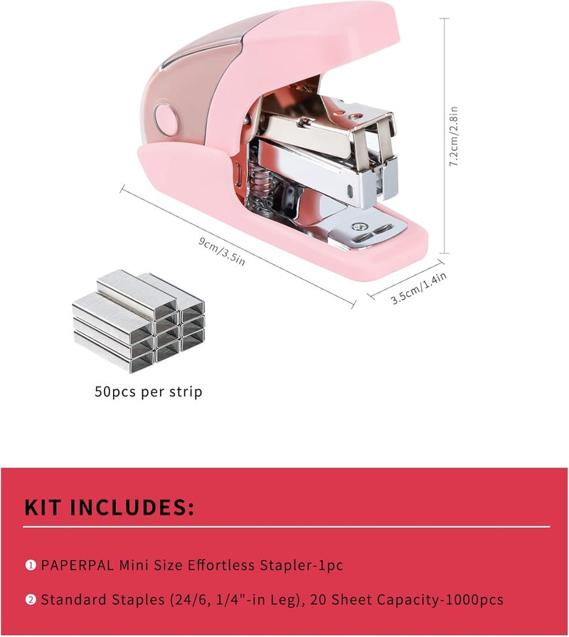 PAPERPAL Effortless Mini Stapler Set, 20 Sheet Capacity, Integrated Remover & Staple Storage, Holds 1/4" Staples, Includes 1000 Staples, Lightweight, Office, School & Daily Use, Pink - Image 2